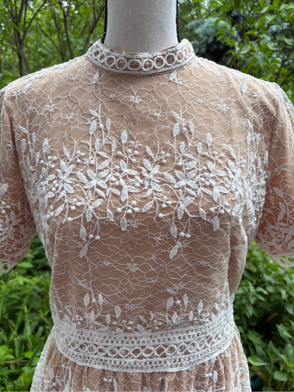 Delicate Beige Lace-Overlay Midi Dress - Picture 2 of 9